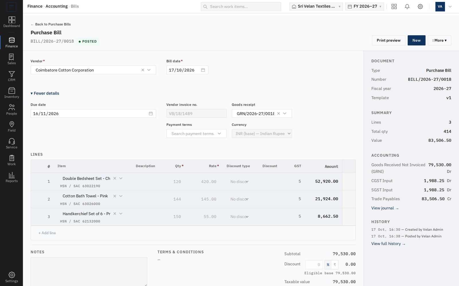 A posted vendor bill