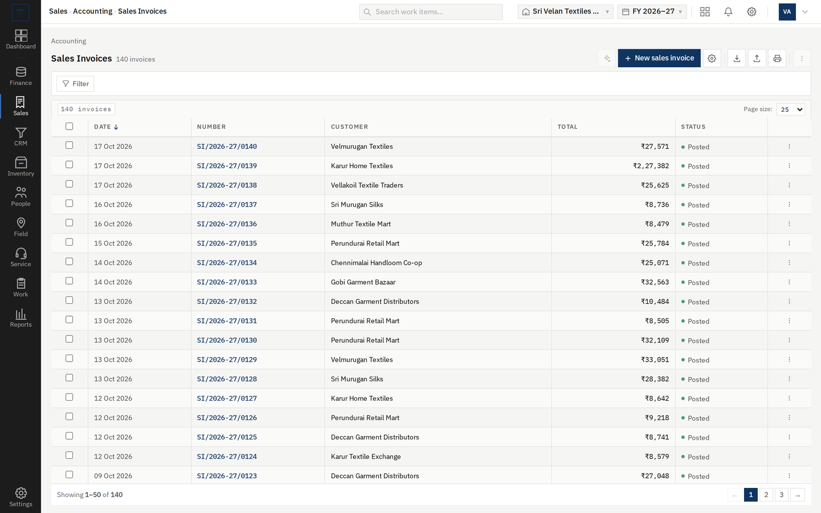 The sales invoice list in BlissMont Books