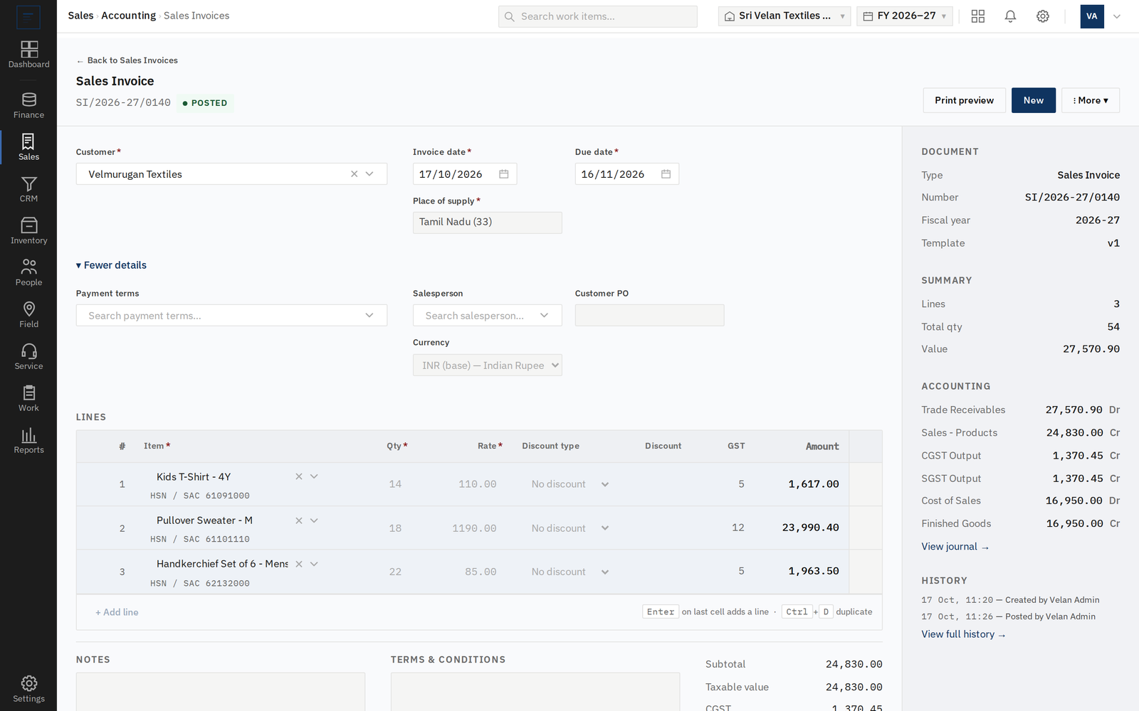 A posted sales invoice, with its ledger entry